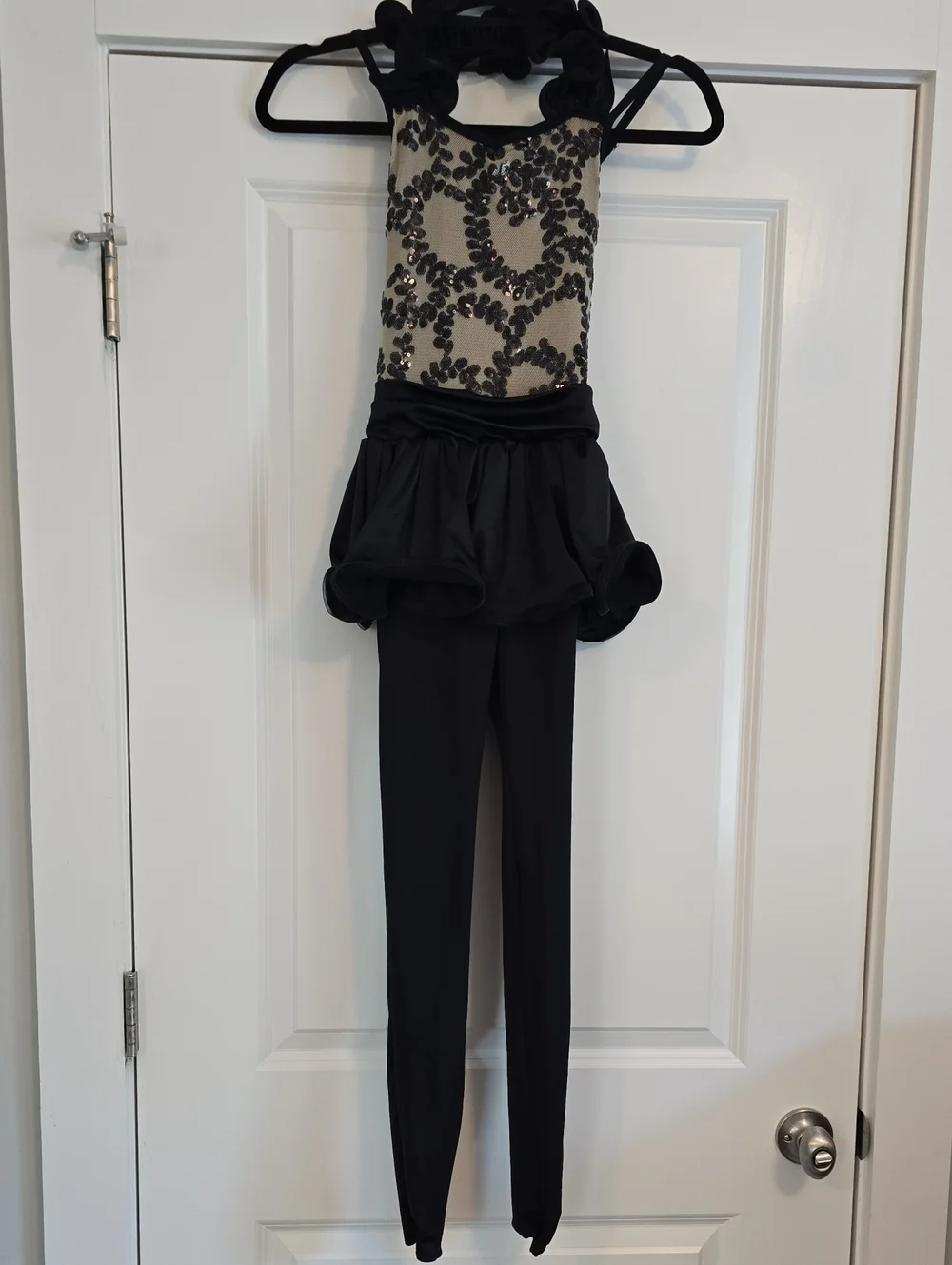 Curtain Call Tan and Black Sequin Catsuit with Peplum - Child Large